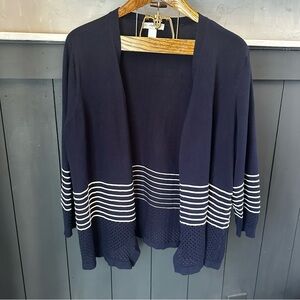 CJ Banks Cardigan Womens 1X Navy Blue White Stripe Open Front Knit Hem